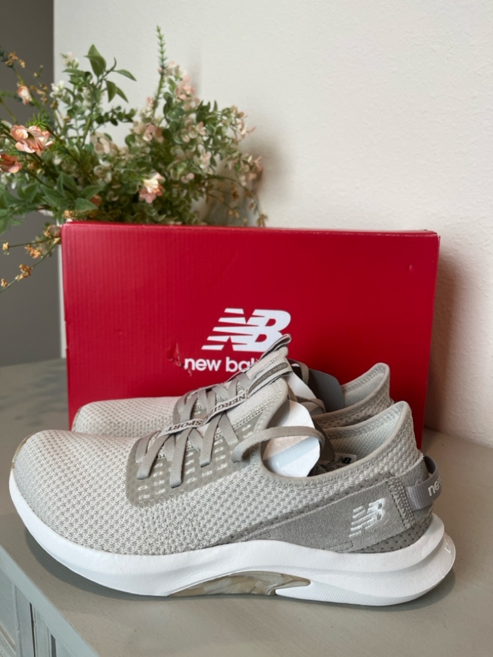 New Balance Beige Knit Slip-On Sneakers